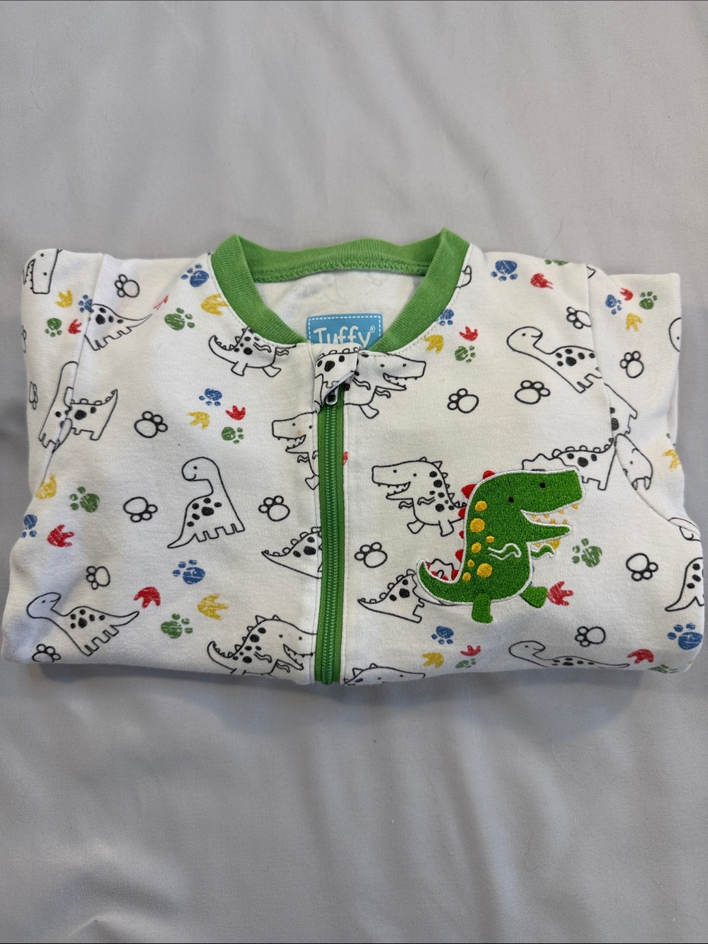 Tuffy Dinosaur Baby Onesie with Green Trim and embroidered dinosaur